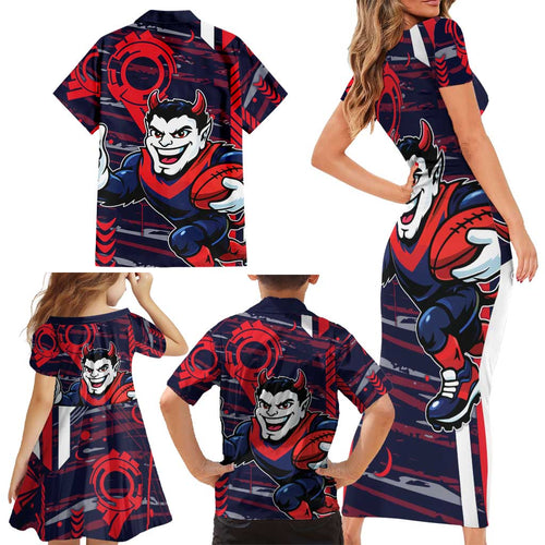 Melbourne Demons Family Matching Short Sleeve Bodycon Dress and Hawaiian Shirt Mascot Cartoon Football Illustration Style
