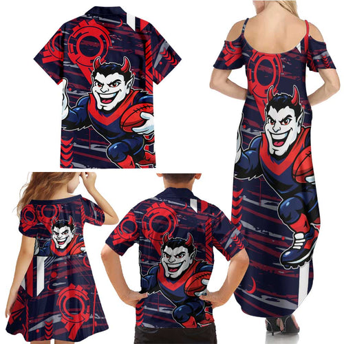 Melbourne Demons Family Matching Summer Maxi Dress and Hawaiian Shirt Mascot Cartoon Football Illustration Style