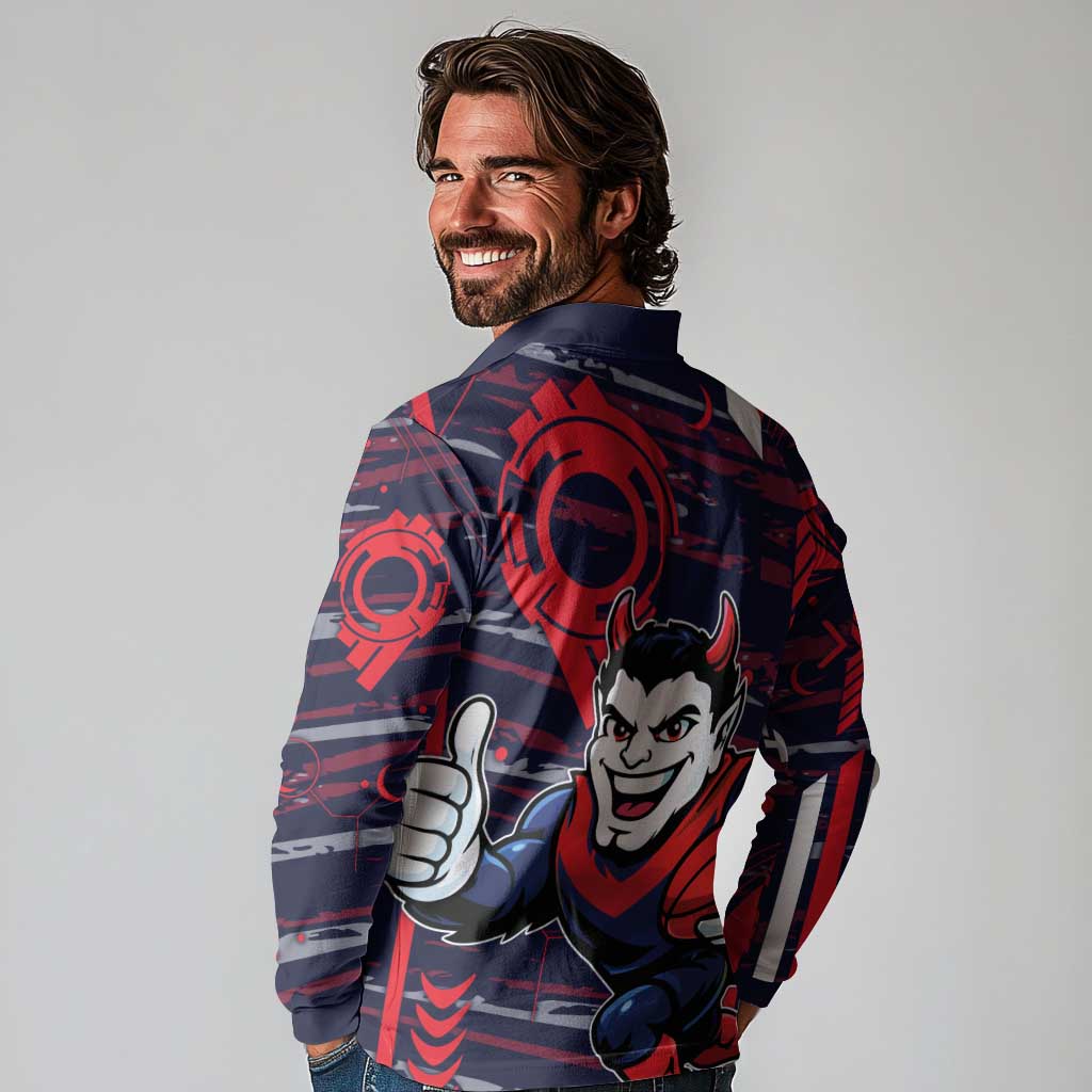 Melbourne Demons Long Sleeve Polo Shirt Mascot Cartoon Football Illustration Style