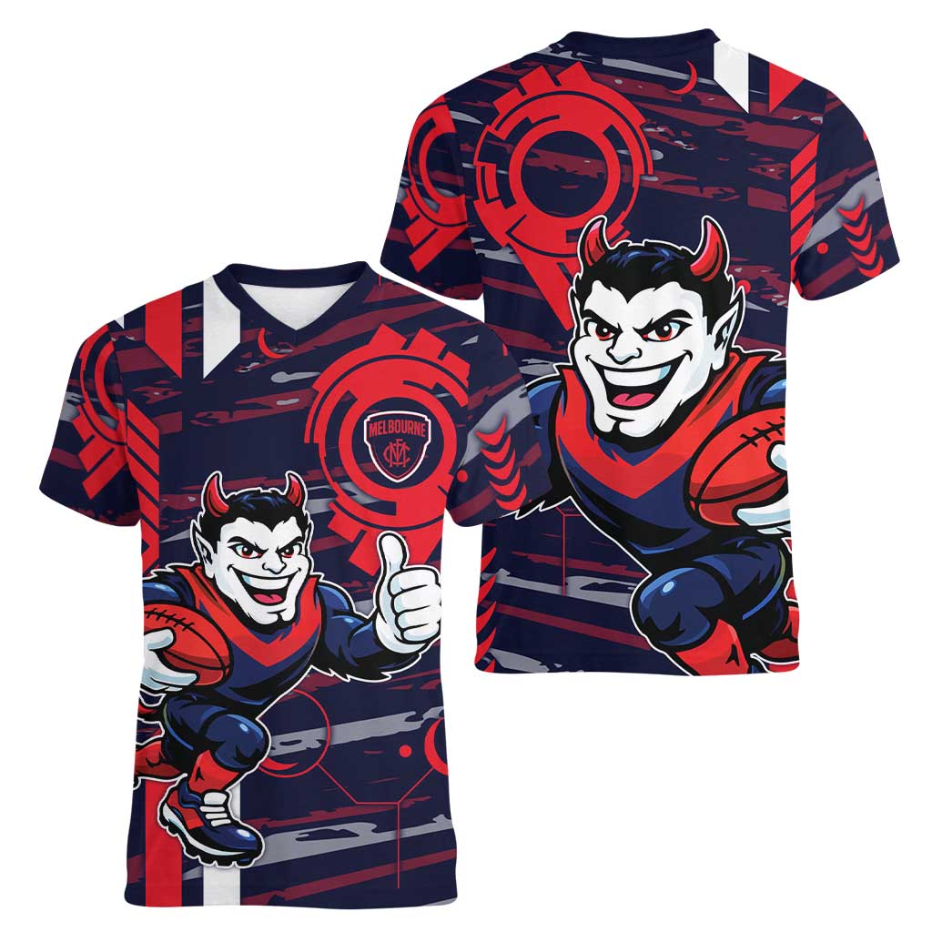 Melbourne Demons Women V-Neck T-Shirt Mascot Cartoon Football Illustration Style