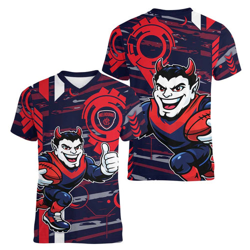 Melbourne Demons Women V-Neck T-Shirt Mascot Cartoon Football Illustration Style