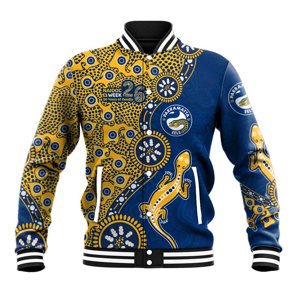 Parramatta Eels NAIDOC Week 2026 Baseball Jacket Aboriginal Lizard Dot Painting - 50 Years of Deadly