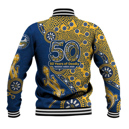 Parramatta Eels NAIDOC Week 2026 Baseball Jacket Aboriginal Lizard Dot Painting - 50 Years of Deadly
