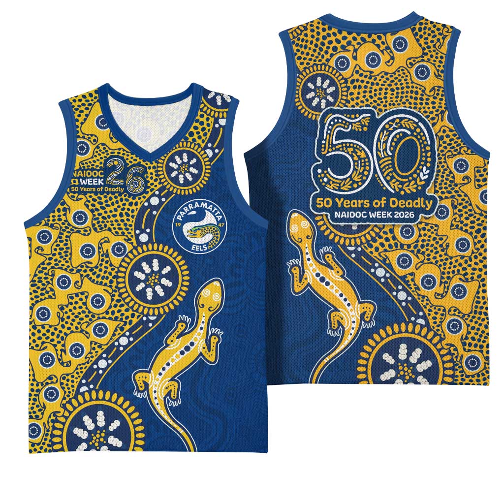 Parramatta Eels NAIDOC Week 2026 Basketball Jersey Aboriginal Lizard Dot Painting - 50 Years of Deadly