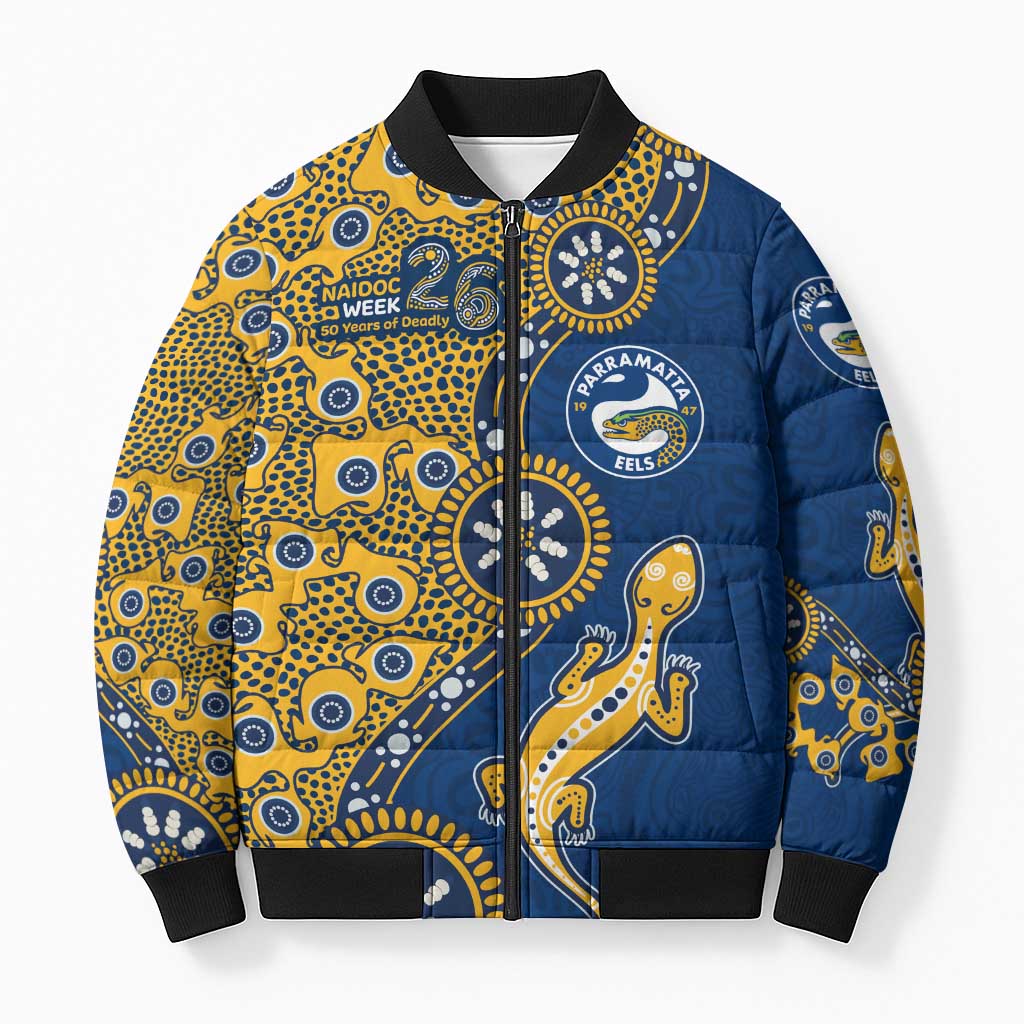 Parramatta Eels NAIDOC Week 2026 Bomber Puffer Jacket Aboriginal Lizard Dot Painting - 50 Years of Deadly