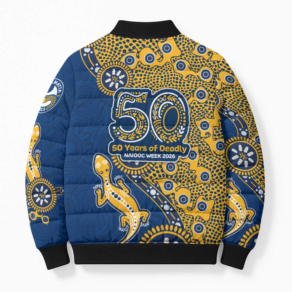 Parramatta Eels NAIDOC Week 2026 Bomber Puffer Jacket Aboriginal Lizard Dot Painting - 50 Years of Deadly