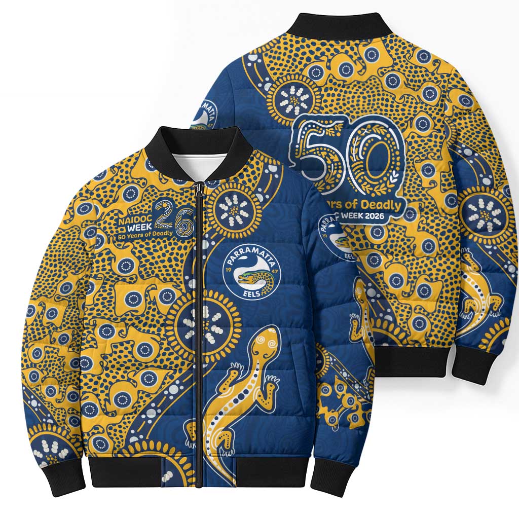 Parramatta Eels NAIDOC Week 2026 Bomber Puffer Jacket Aboriginal Lizard Dot Painting - 50 Years of Deadly