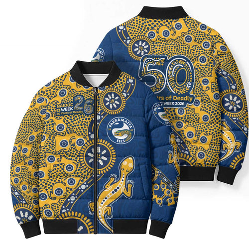 Parramatta Eels NAIDOC Week 2026 Bomber Puffer Jacket Aboriginal Lizard Dot Painting - 50 Years of Deadly