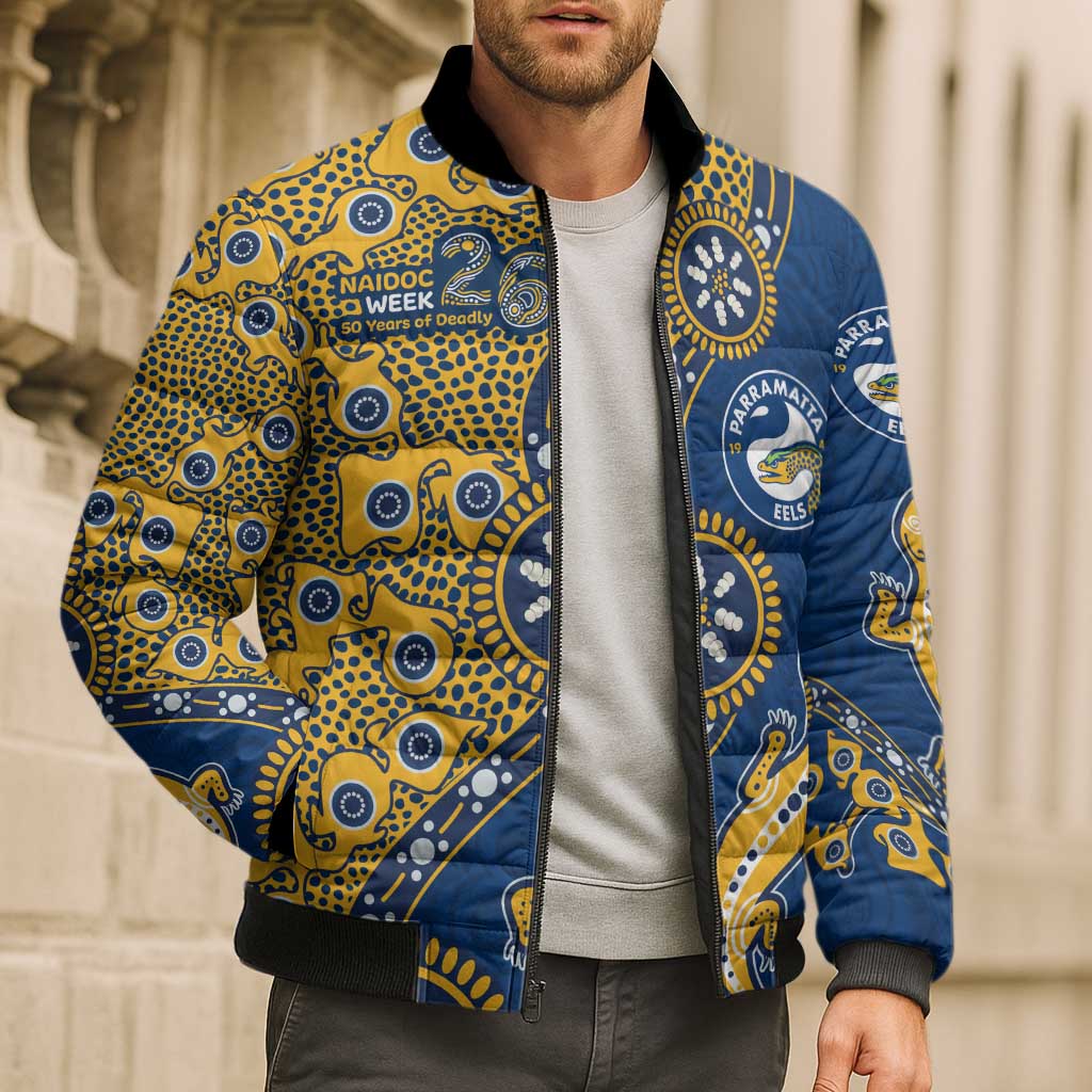 Parramatta Eels NAIDOC Week 2026 Bomber Puffer Jacket Aboriginal Lizard Dot Painting - 50 Years of Deadly