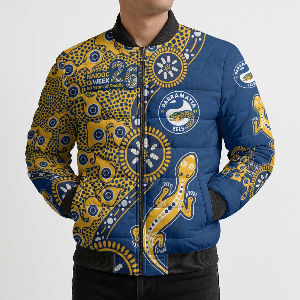 Parramatta Eels NAIDOC Week 2026 Bomber Puffer Jacket Aboriginal Lizard Dot Painting - 50 Years of Deadly