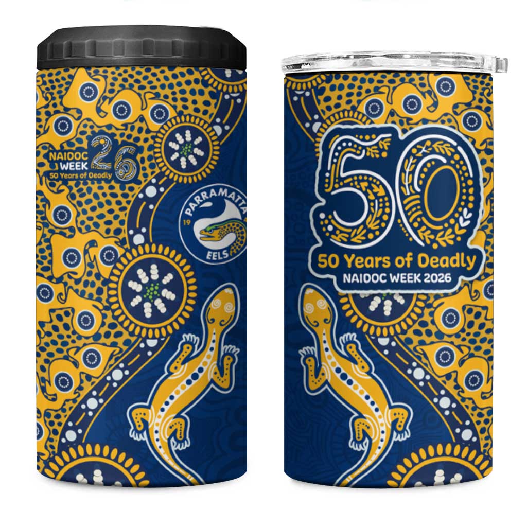 Parramatta Eels NAIDOC Week 2026 4 in 1 Can Cooler Tumbler Aboriginal Lizard Dot Painting - 50 Years of Deadly