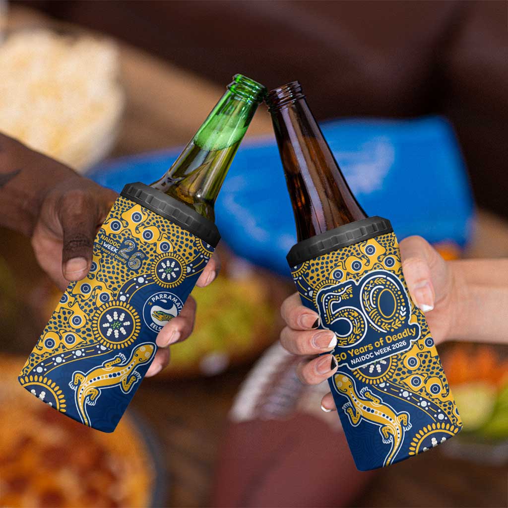 Parramatta Eels NAIDOC Week 2026 4 in 1 Can Cooler Tumbler Aboriginal Lizard Dot Painting - 50 Years of Deadly