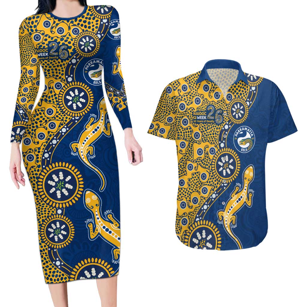 Parramatta Eels NAIDOC Week 2026 Couples Matching Long Sleeve Bodycon Dress and Hawaiian Shirt Aboriginal Lizard Dot Painting - 50 Years of Deadly