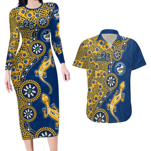 Parramatta Eels NAIDOC Week 2026 Couples Matching Long Sleeve Bodycon Dress and Hawaiian Shirt Aboriginal Lizard Dot Painting - 50 Years of Deadly