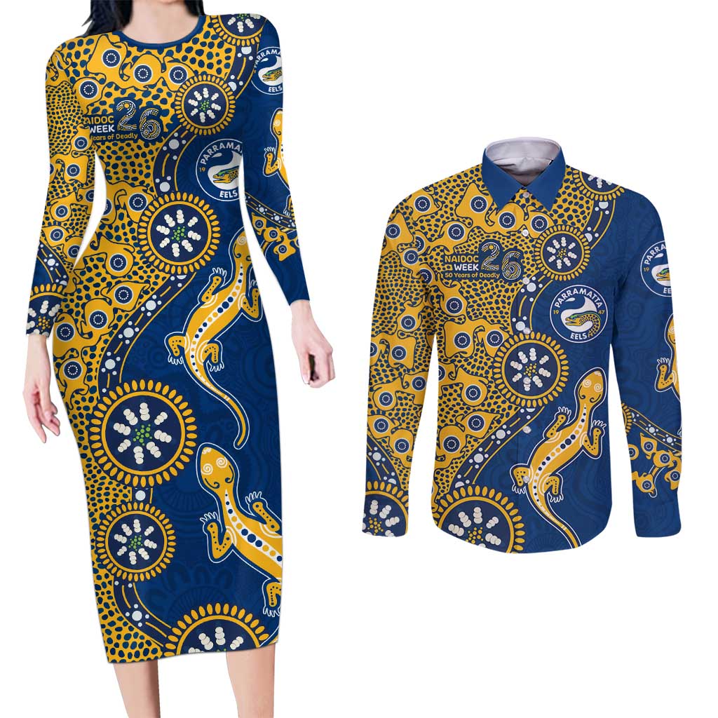 Parramatta Eels NAIDOC Week 2026 Couples Matching Long Sleeve Bodycon Dress and Long Sleeve Button Shirt Aboriginal Lizard Dot Painting - 50 Years of Deadly