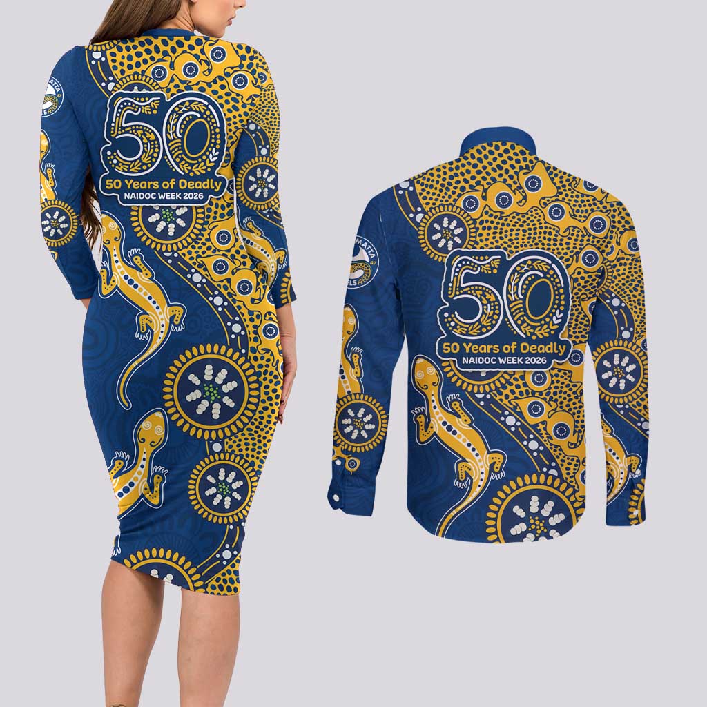 Parramatta Eels NAIDOC Week 2026 Couples Matching Long Sleeve Bodycon Dress and Long Sleeve Button Shirt Aboriginal Lizard Dot Painting - 50 Years of Deadly