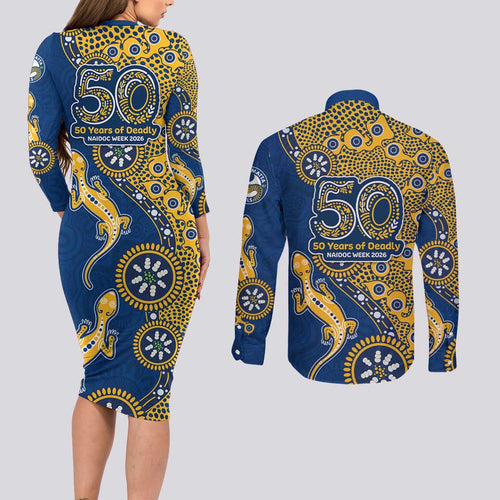 Parramatta Eels NAIDOC Week 2026 Couples Matching Long Sleeve Bodycon Dress and Long Sleeve Button Shirt Aboriginal Lizard Dot Painting - 50 Years of Deadly