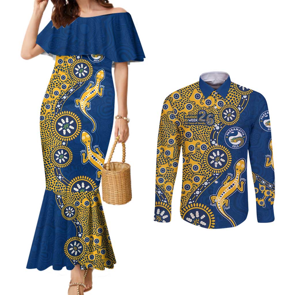 Parramatta Eels NAIDOC Week 2026 Couples Matching Mermaid Dress and Long Sleeve Button Shirt Aboriginal Lizard Dot Painting - 50 Years of Deadly