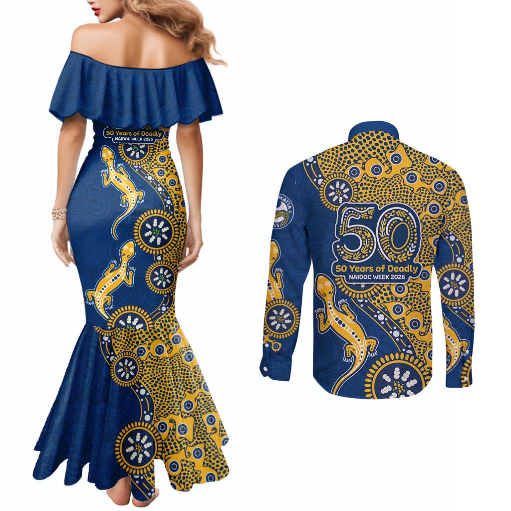 Parramatta Eels NAIDOC Week 2026 Couples Matching Mermaid Dress and Long Sleeve Button Shirt Aboriginal Lizard Dot Painting - 50 Years of Deadly