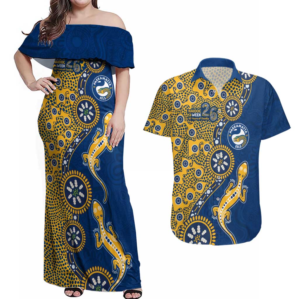Parramatta Eels NAIDOC Week 2026 Couples Matching Off Shoulder Maxi Dress and Hawaiian Shirt Aboriginal Lizard Dot Painting - 50 Years of Deadly