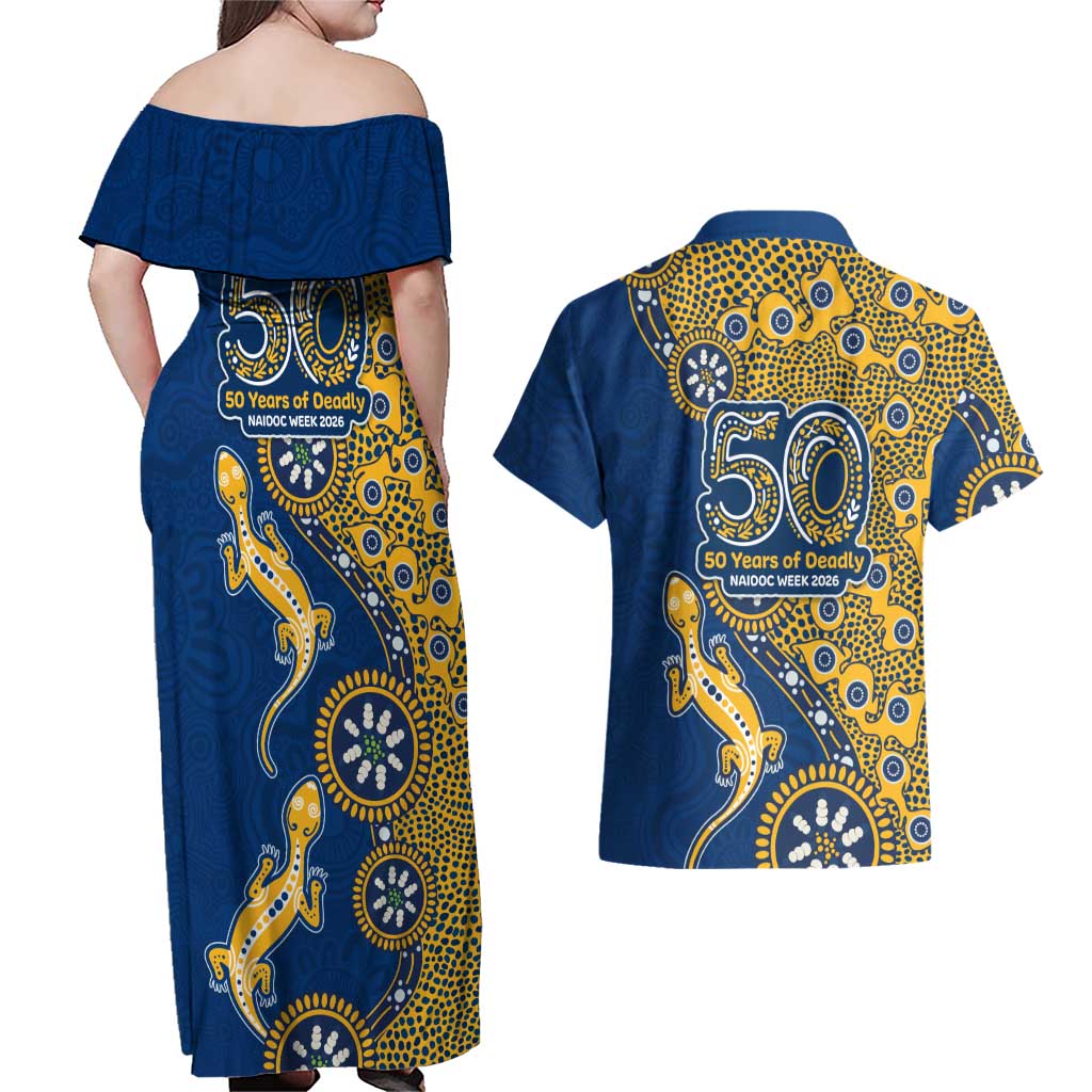 Parramatta Eels NAIDOC Week 2026 Couples Matching Off Shoulder Maxi Dress and Hawaiian Shirt Aboriginal Lizard Dot Painting - 50 Years of Deadly