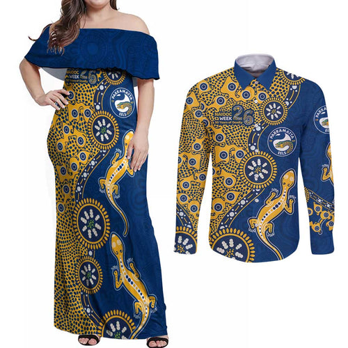 Parramatta Eels NAIDOC Week 2026 Couples Matching Off Shoulder Maxi Dress and Long Sleeve Button Shirt Aboriginal Lizard Dot Painting - 50 Years of Deadly