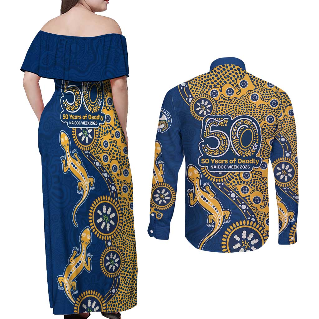 Parramatta Eels NAIDOC Week 2026 Couples Matching Off Shoulder Maxi Dress and Long Sleeve Button Shirt Aboriginal Lizard Dot Painting - 50 Years of Deadly