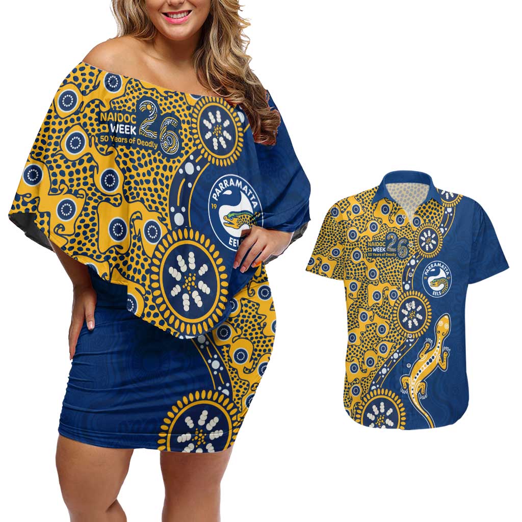 Parramatta Eels NAIDOC Week 2026 Couples Matching Off Shoulder Short Dress and Hawaiian Shirt Aboriginal Lizard Dot Painting - 50 Years of Deadly