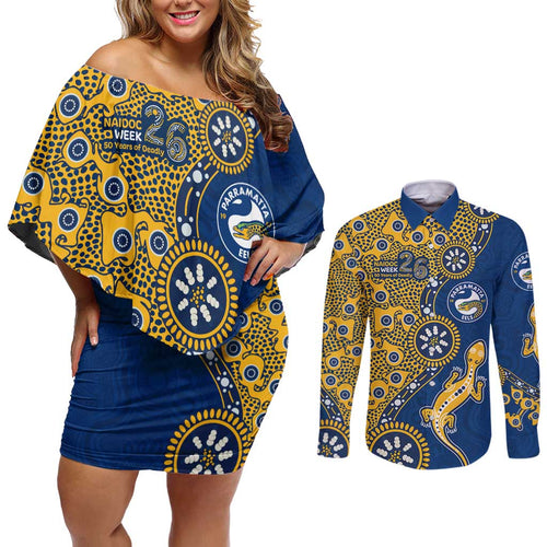 Parramatta Eels NAIDOC Week 2026 Couples Matching Off Shoulder Short Dress and Long Sleeve Button Shirt Aboriginal Lizard Dot Painting - 50 Years of Deadly