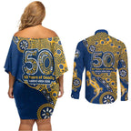 Parramatta Eels NAIDOC Week 2026 Couples Matching Off Shoulder Short Dress and Long Sleeve Button Shirt Aboriginal Lizard Dot Painting - 50 Years of Deadly