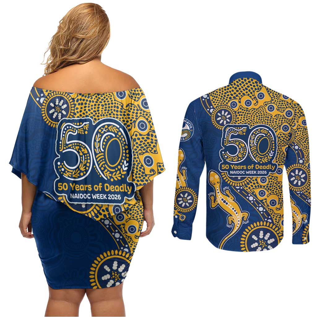 Parramatta Eels NAIDOC Week 2026 Couples Matching Off Shoulder Short Dress and Long Sleeve Button Shirt Aboriginal Lizard Dot Painting - 50 Years of Deadly