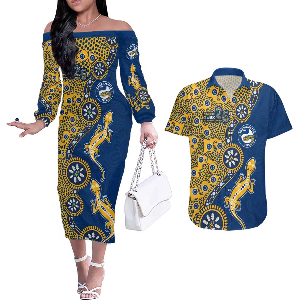 Parramatta Eels NAIDOC Week 2026 Couples Matching Off The Shoulder Long Sleeve Dress and Hawaiian Shirt Aboriginal Lizard Dot Painting - 50 Years of Deadly
