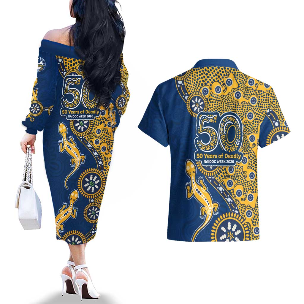 Parramatta Eels NAIDOC Week 2026 Couples Matching Off The Shoulder Long Sleeve Dress and Hawaiian Shirt Aboriginal Lizard Dot Painting - 50 Years of Deadly