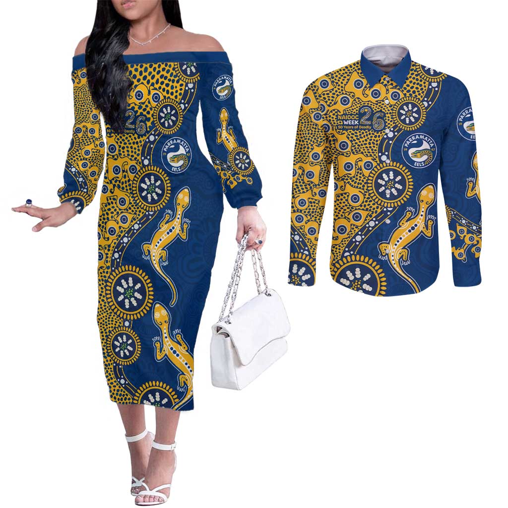 Parramatta Eels NAIDOC Week 2026 Couples Matching Off The Shoulder Long Sleeve Dress and Long Sleeve Button Shirt Aboriginal Lizard Dot Painting - 50 Years of Deadly