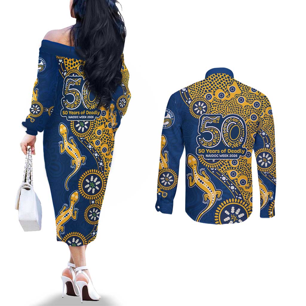 Parramatta Eels NAIDOC Week 2026 Couples Matching Off The Shoulder Long Sleeve Dress and Long Sleeve Button Shirt Aboriginal Lizard Dot Painting - 50 Years of Deadly