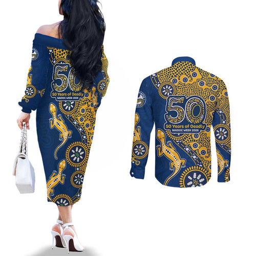 Parramatta Eels NAIDOC Week 2026 Couples Matching Off The Shoulder Long Sleeve Dress and Long Sleeve Button Shirt Aboriginal Lizard Dot Painting - 50 Years of Deadly