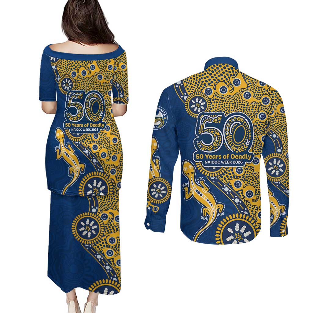 Parramatta Eels NAIDOC Week 2026 Couples Matching Puletasi and Long Sleeve Button Shirt Aboriginal Lizard Dot Painting - 50 Years of Deadly