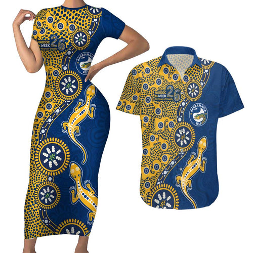 Parramatta Eels NAIDOC Week 2026 Couples Matching Short Sleeve Bodycon Dress and Hawaiian Shirt Aboriginal Lizard Dot Painting - 50 Years of Deadly