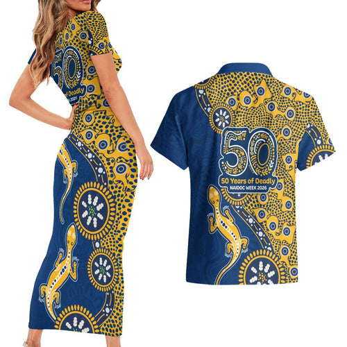 Parramatta Eels NAIDOC Week 2026 Couples Matching Short Sleeve Bodycon Dress and Hawaiian Shirt Aboriginal Lizard Dot Painting - 50 Years of Deadly