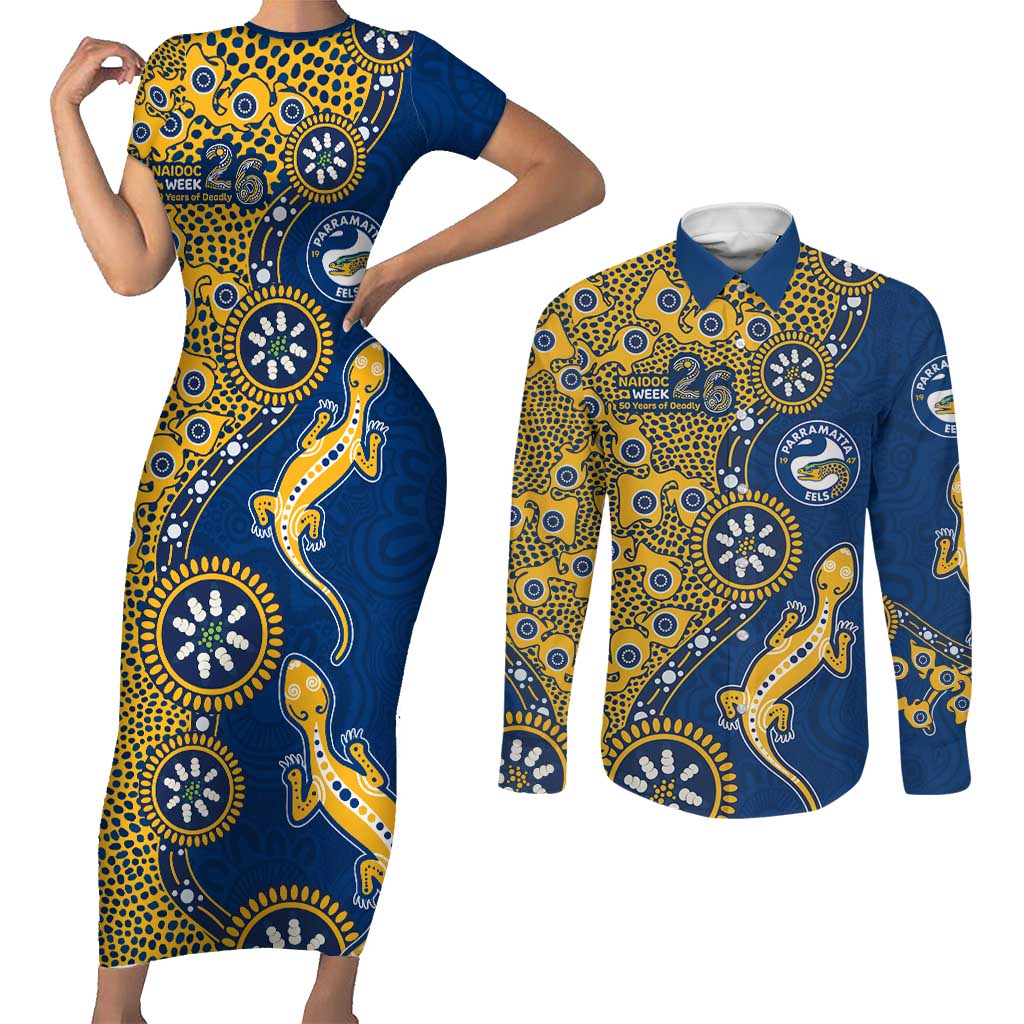Parramatta Eels NAIDOC Week 2026 Couples Matching Short Sleeve Bodycon Dress and Long Sleeve Button Shirt Aboriginal Lizard Dot Painting - 50 Years of Deadly