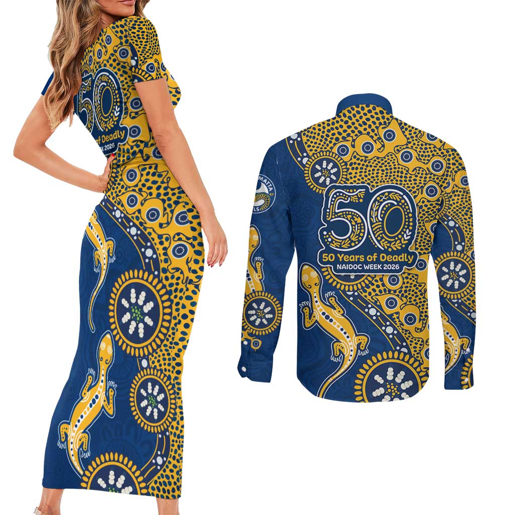 Parramatta Eels NAIDOC Week 2026 Couples Matching Short Sleeve Bodycon Dress and Long Sleeve Button Shirt Aboriginal Lizard Dot Painting - 50 Years of Deadly