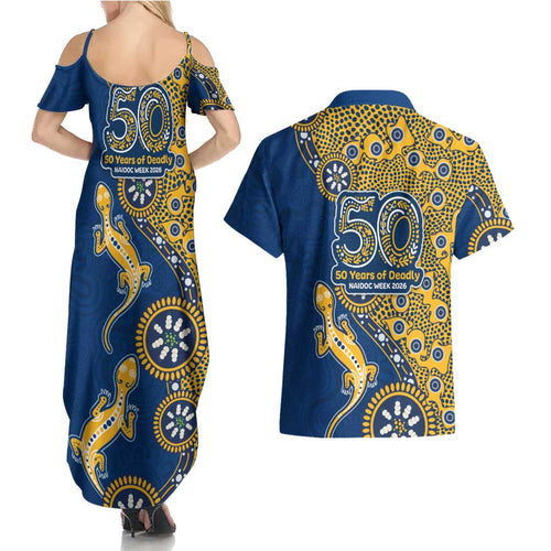 Parramatta Eels NAIDOC Week 2026 Couples Matching Summer Maxi Dress and Hawaiian Shirt Aboriginal Lizard Dot Painting - 50 Years of Deadly