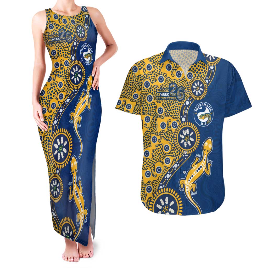 Parramatta Eels NAIDOC Week 2026 Couples Matching Tank Maxi Dress and Hawaiian Shirt Aboriginal Lizard Dot Painting - 50 Years of Deadly