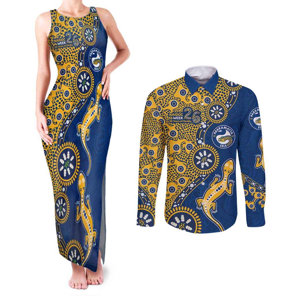 Parramatta Eels NAIDOC Week 2026 Couples Matching Tank Maxi Dress and Long Sleeve Button Shirt Aboriginal Lizard Dot Painting - 50 Years of Deadly