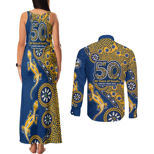Parramatta Eels NAIDOC Week 2026 Couples Matching Tank Maxi Dress and Long Sleeve Button Shirt Aboriginal Lizard Dot Painting - 50 Years of Deadly