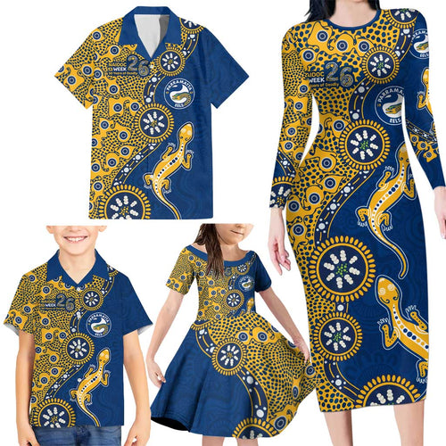 Parramatta Eels NAIDOC Week 2026 Family Matching Long Sleeve Bodycon Dress and Hawaiian Shirt Aboriginal Lizard Dot Painting - 50 Years of Deadly