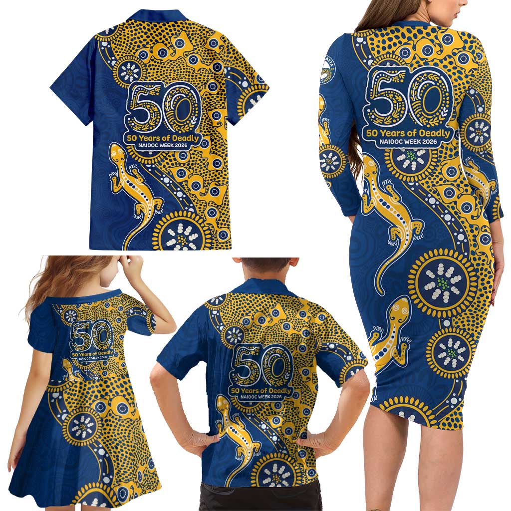 Parramatta Eels NAIDOC Week 2026 Family Matching Long Sleeve Bodycon Dress and Hawaiian Shirt Aboriginal Lizard Dot Painting - 50 Years of Deadly