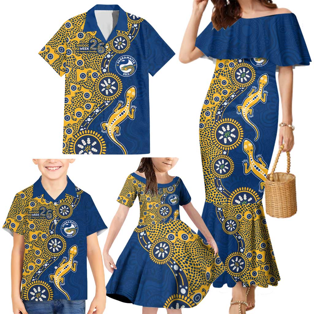 Parramatta Eels NAIDOC Week 2026 Family Matching Mermaid Dress and Hawaiian Shirt Aboriginal Lizard Dot Painting - 50 Years of Deadly