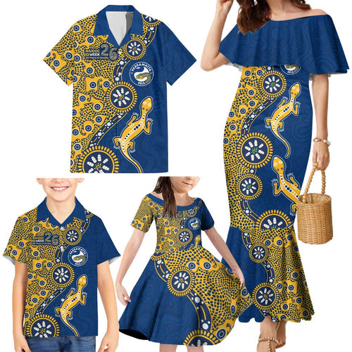 Parramatta Eels NAIDOC Week 2026 Family Matching Mermaid Dress and Hawaiian Shirt Aboriginal Lizard Dot Painting - 50 Years of Deadly