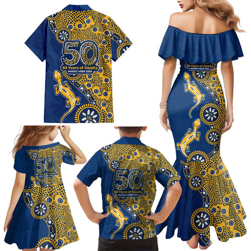 Parramatta Eels NAIDOC Week 2026 Family Matching Mermaid Dress and Hawaiian Shirt Aboriginal Lizard Dot Painting - 50 Years of Deadly
